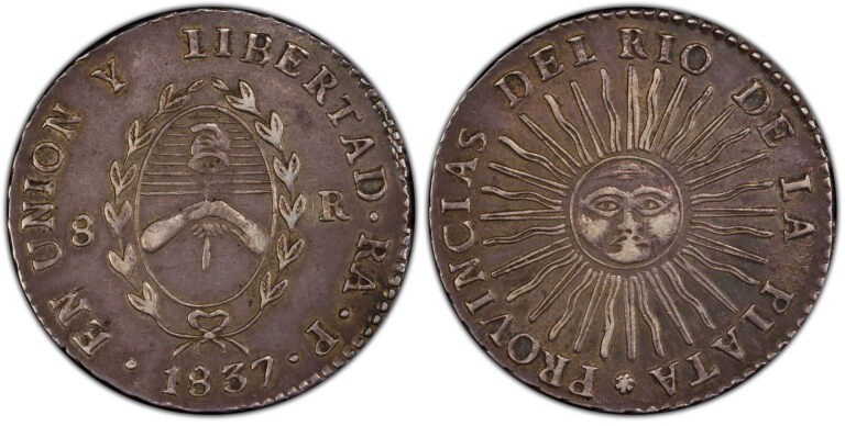 Read more about the article ARGENTINA 1837-RA P 8 Reales PCGS AU50 Rioja  Rioxa Radiant sun with face KM 20