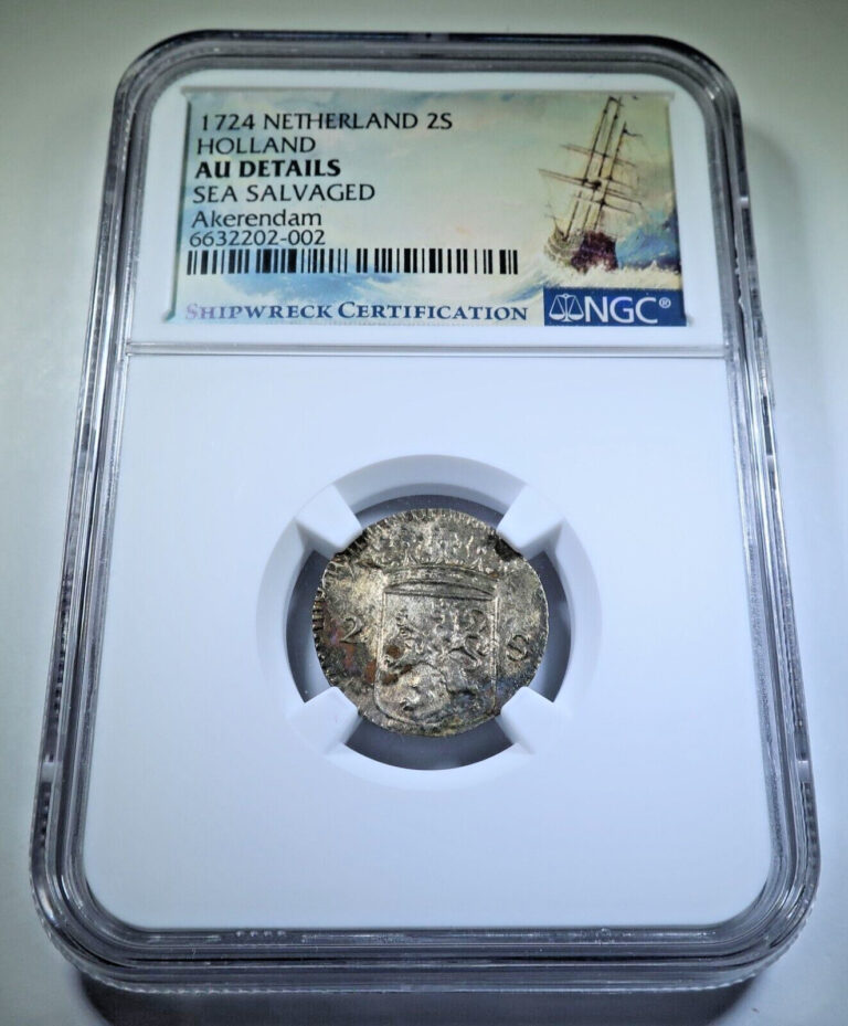 Read more about the article NGC AU 1724 Akerendam Shipwreck 2 Stuivers Silver 1700’s  Pirate Treasure Coin