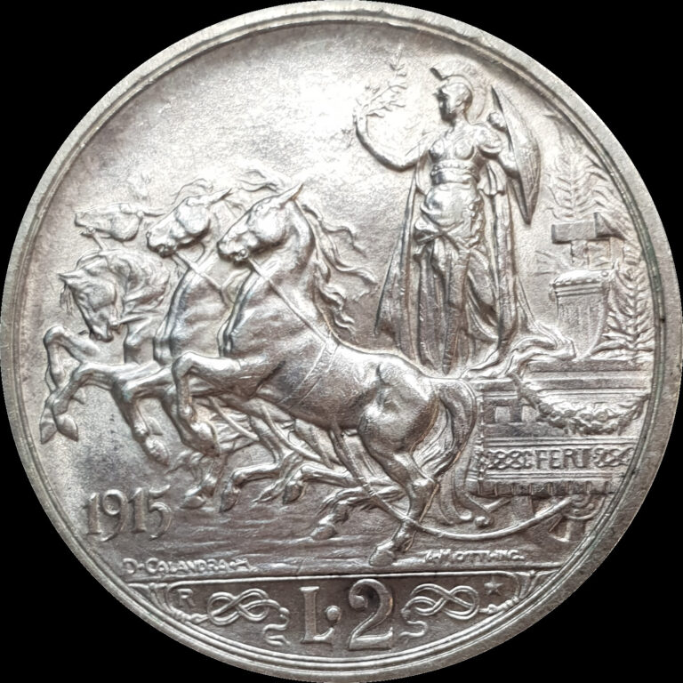 Read more about the article Italy 1915 Unc 2 Lire Lira Silver Coin Quadriga Victor Emmanuel III Luster