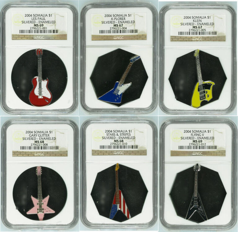 Read more about the article Rare 2004 SOMALIA GUITARs COMPLETE SET of 6 DIFFERENT NGC -67 68 69