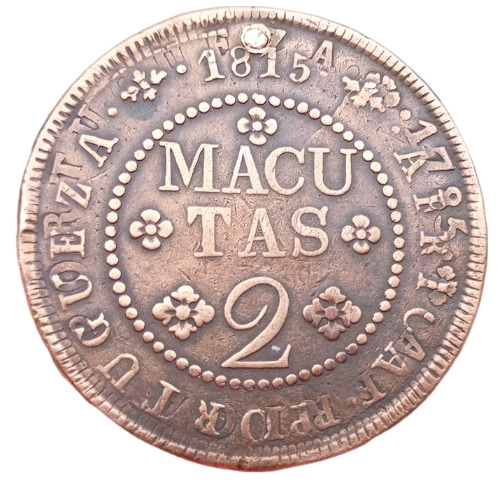 Read more about the article PORTUGAL ANGOLA 2 MACUTAS 1815 HOLE REPAIRED VERY RARE COIN