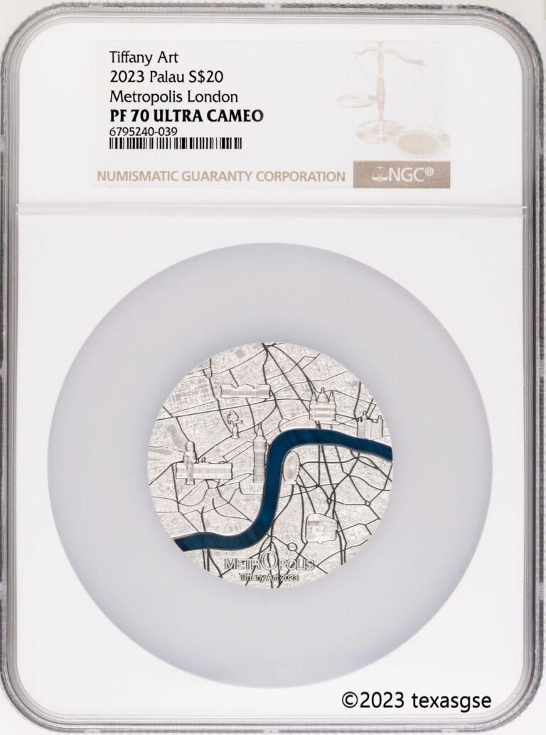 Read more about the article 2023 Palau Tiffany Art Metropolis – London 3oz Silver Proof Coin – NGC PF70UC