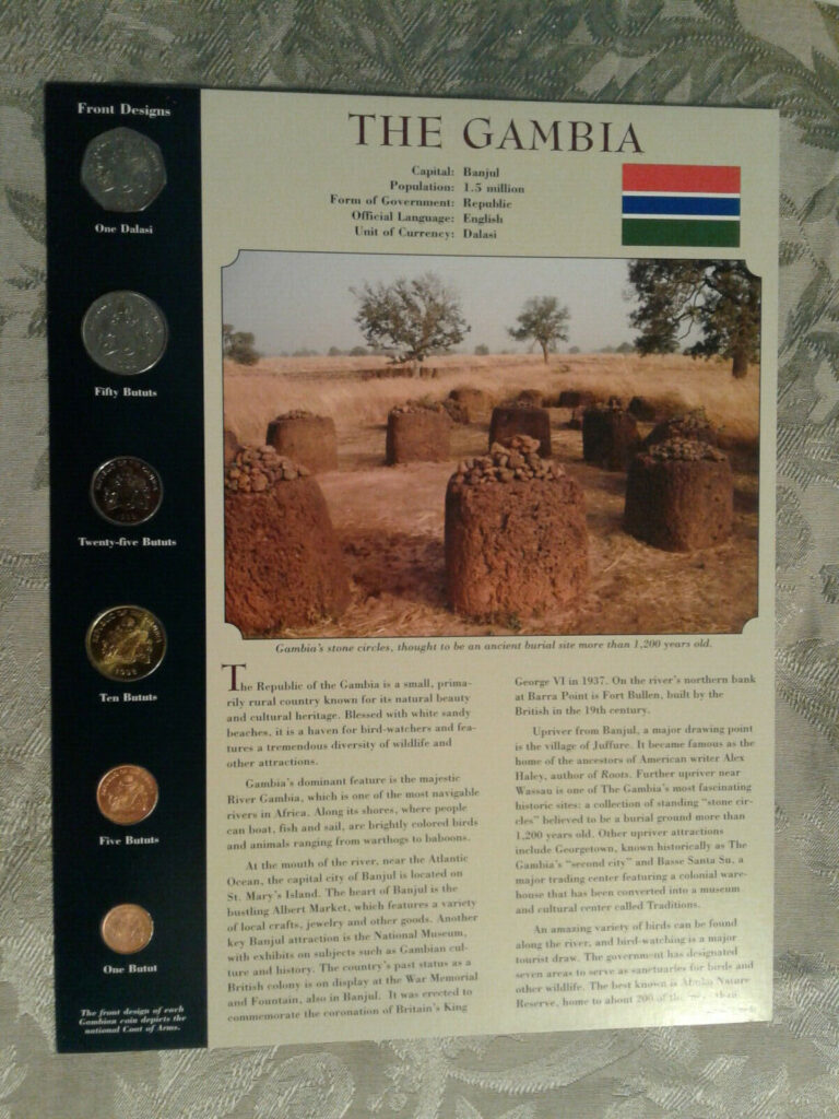 Read more about the article Coins from Around the World Gambia UNC Dalasi  1 5 10 25 50 Bututs 1998