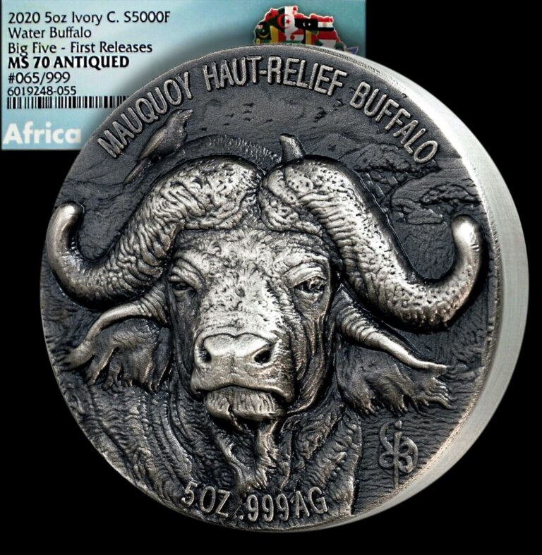 Read more about the article BUFFALO- Ivory Coast AFRICAN BIG FIVE / 2020 SILVER 5oz. MS-70 Coin GGcoins