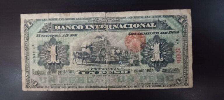 Read more about the article 1 peso Banco Internacional billete de Colombia 1884 circulado