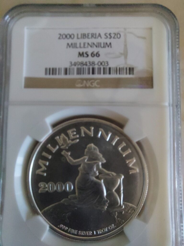 Read more about the article LIBERIA 2000 MILLENNIUM 20.00 DOLLAR .999 1 TROY OZ. MINT STATE 66.