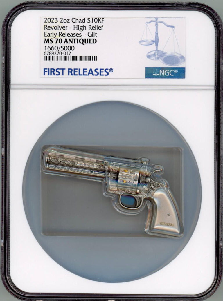 Read more about the article Error Label 2023 Chad 2 oz Silver Revolver Gun Shaped High Relief Coin NGC 70 FR