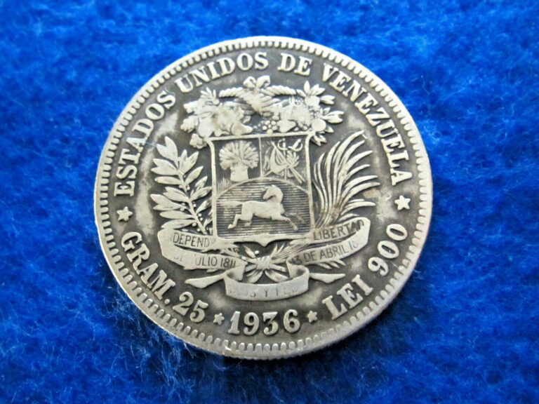 Read more about the article 1936 Venezuela Silver 5 Bolivars – 25 Gram – – Nicely toned – Nicer Circulated