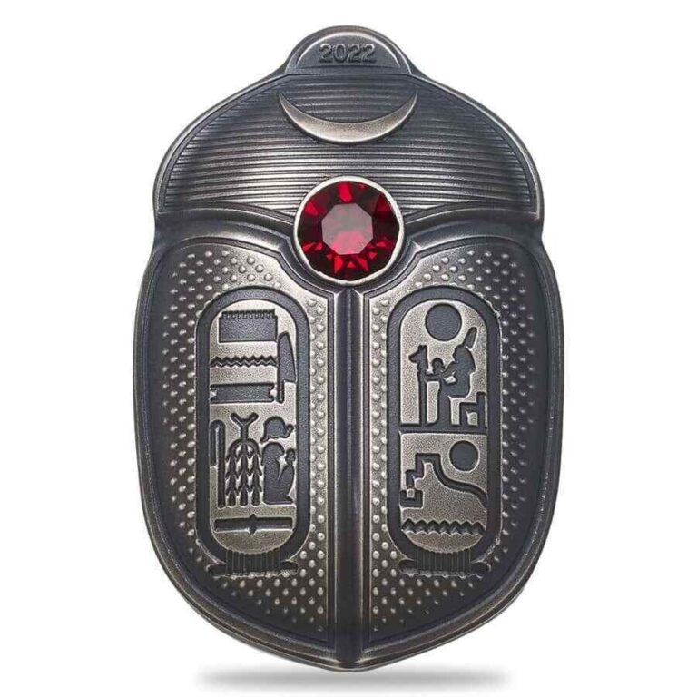 Read more about the article 2022 Palau Ramses II Scarab 3D Shaped 1 oz .999 Silver Antiqued Coin
