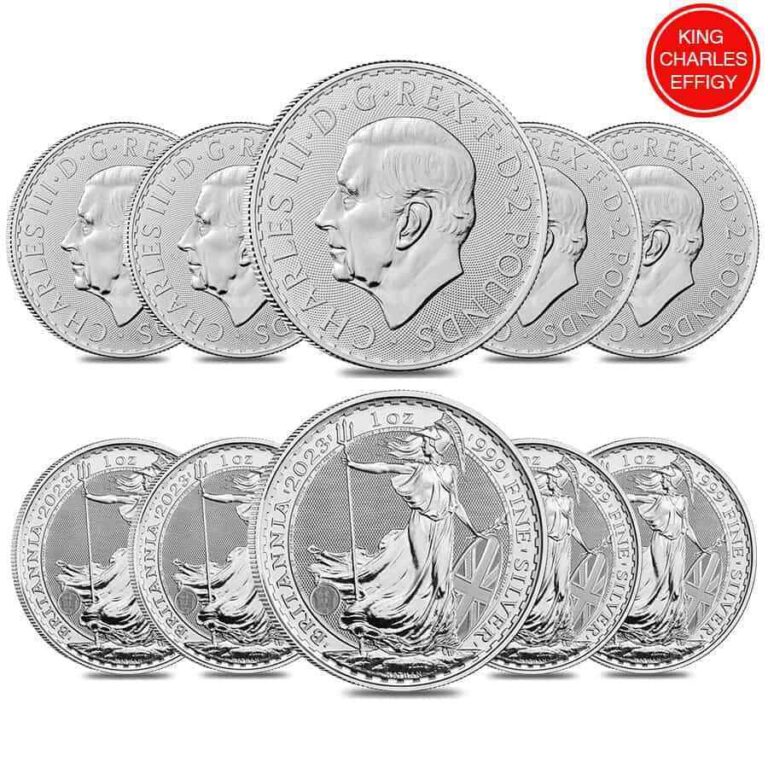 Read more about the article Lot of 10 – 2023 Great Britain 1 oz Silver Britannia King Charles III Coin .999