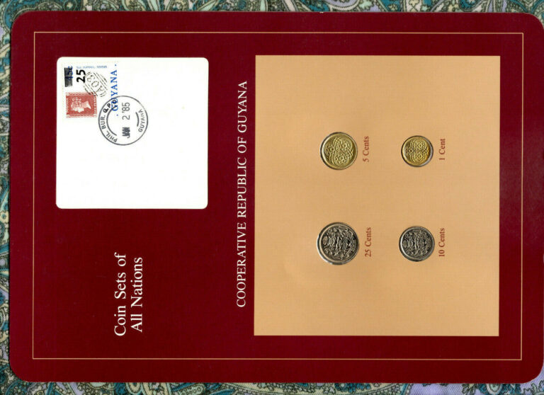 Read more about the article Coin Sets of All Nations Guyana w/card UNC 1  25 Cents 1985 5  10 cents 1987