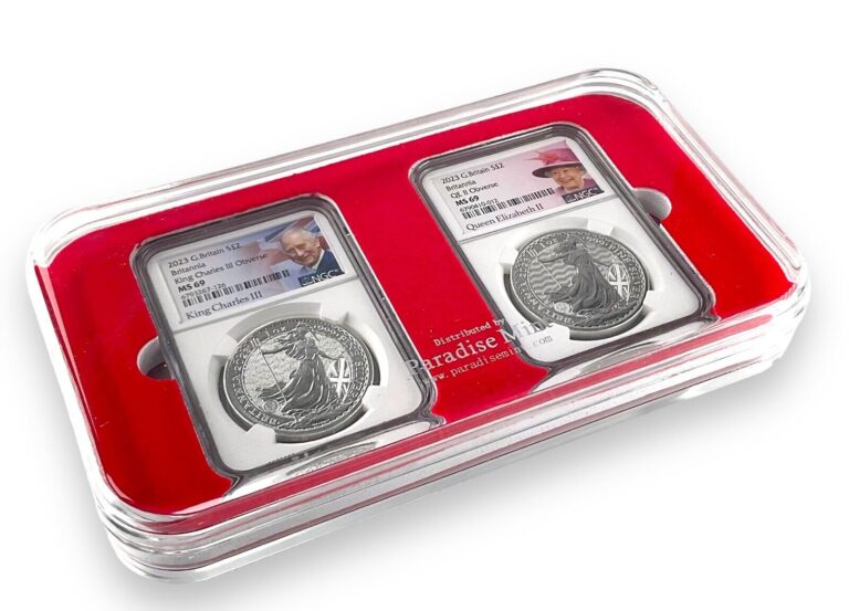 Read more about the article 2023 Great Britain 1oz Silver Britannia King Queen 2 Coin Set NGC MS69 Red Case