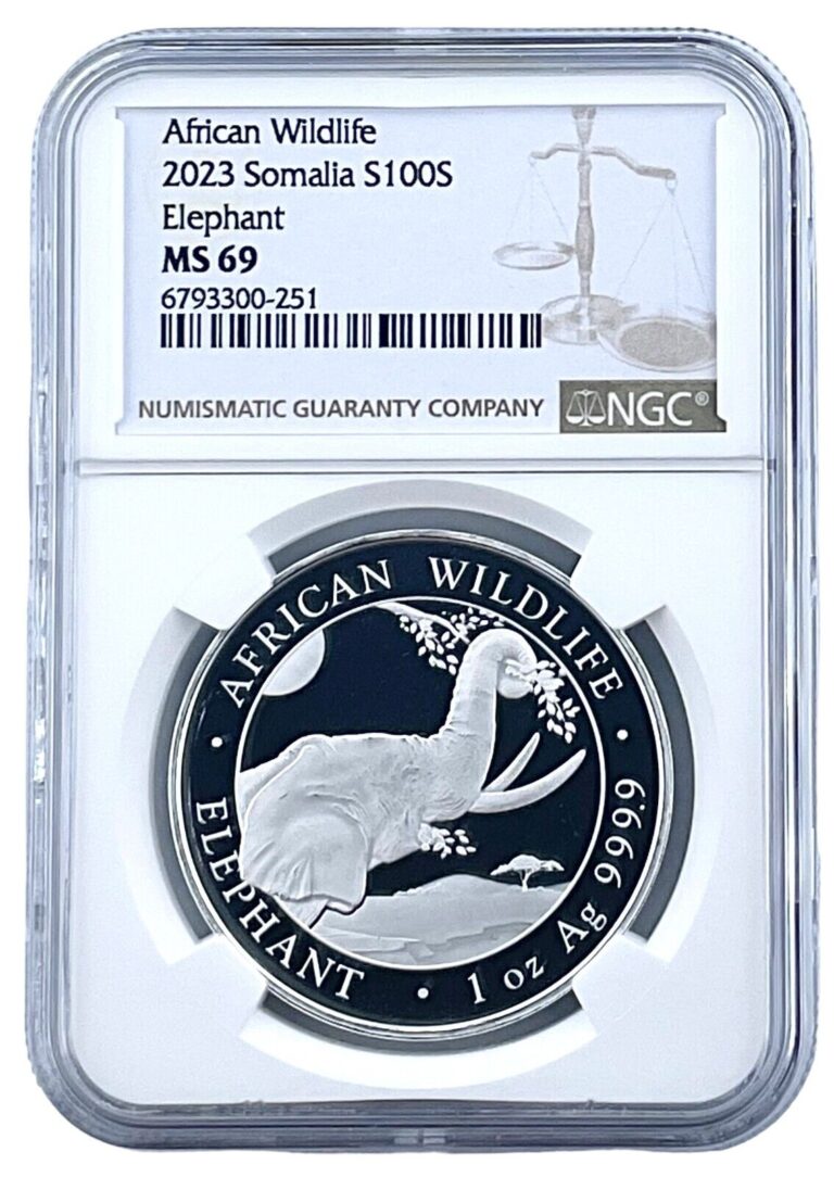 Read more about the article 2023 Somalia 1oz Silver Elephant 100 Shillings Coin NGC MS69 – Brown Label