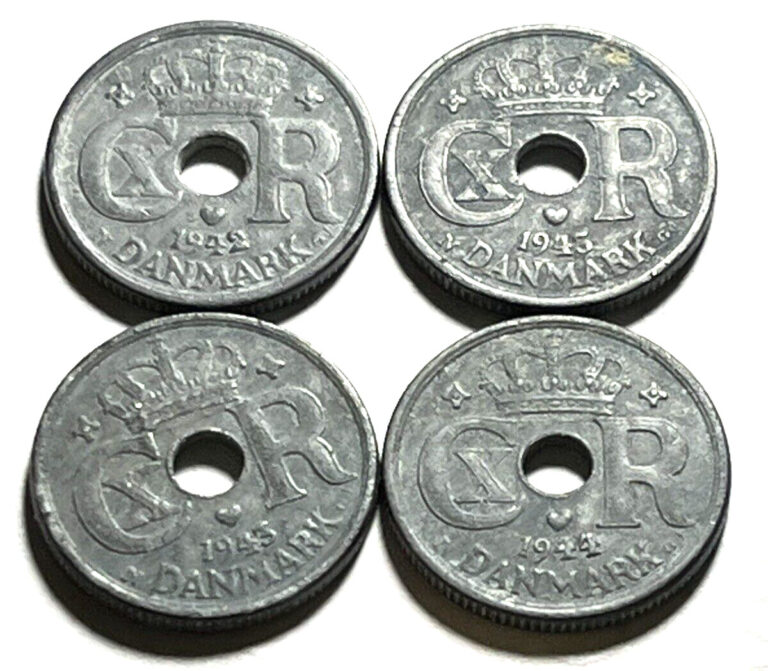 Read more about the article (4) 1942-44 DENMARK 10 ORE ZINC COINS WORLD WAR II GERMAN OCCUPATION