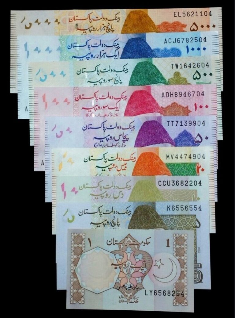 Read more about the article LOT OF 9  PAKISTAN SET   1  5  10  20  50  100  500  1000  5000  RUPEES NEW UNC