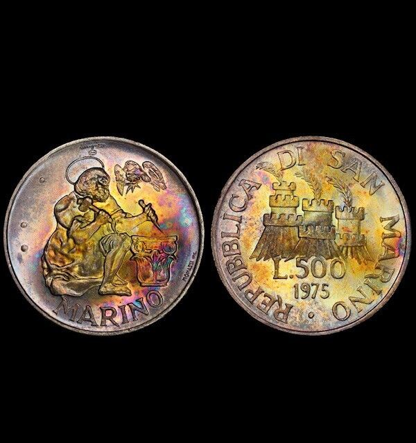 Read more about the article MS67 1975 San Marino Silver 500 Lire  PCGS Secure- Vivid Rainbow Toned