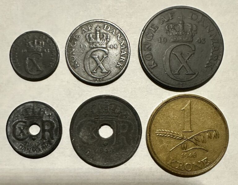 Read more about the article Denmark 1943-1946 Set of 6 Coins 1  2  5  10  25 Ore 1 Krone WWII Zinc Lot#D5