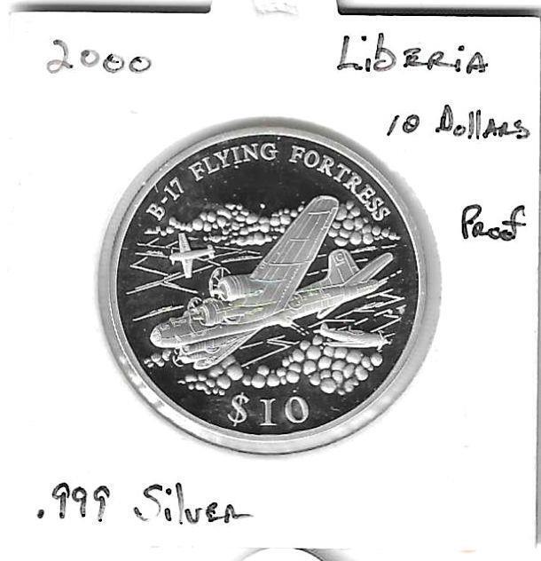 Read more about the article WORLD COINS – LIBERIA – 2000 – 10 DOLLARS – .999 SILVER – PR. UNC. B-17 BOMBER