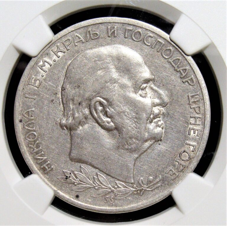 Read more about the article Montenegro: Nicholas I 5 Perpera 1914 AU53 NGC.