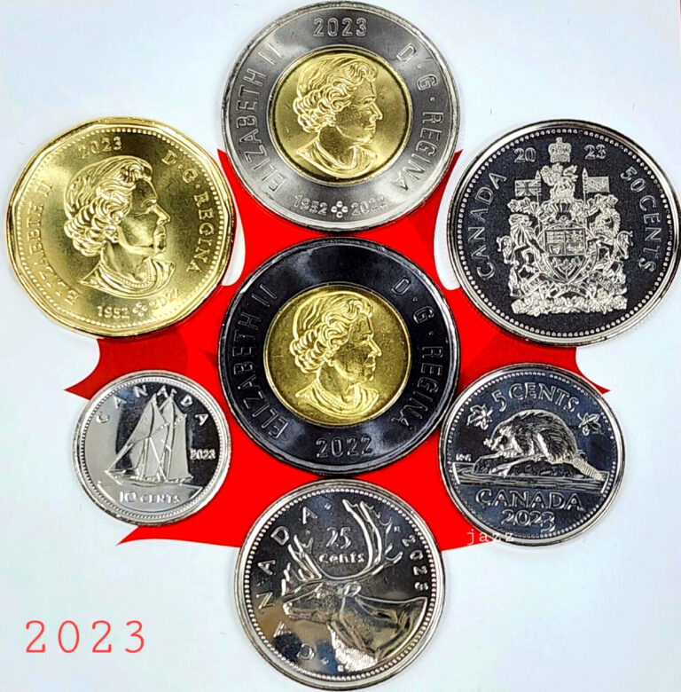 Read more about the article Set 2023 Canada Coins $2 $1 50c 25c 10c 5c and 2022 Black Ring Toonie Mint UNC