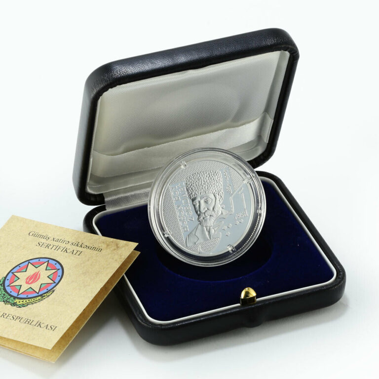 Read more about the article 5 MANAT AZERBAIJAN 2010 KM58 SILVER COIN PROOF Press Media Journalists Maps Poet