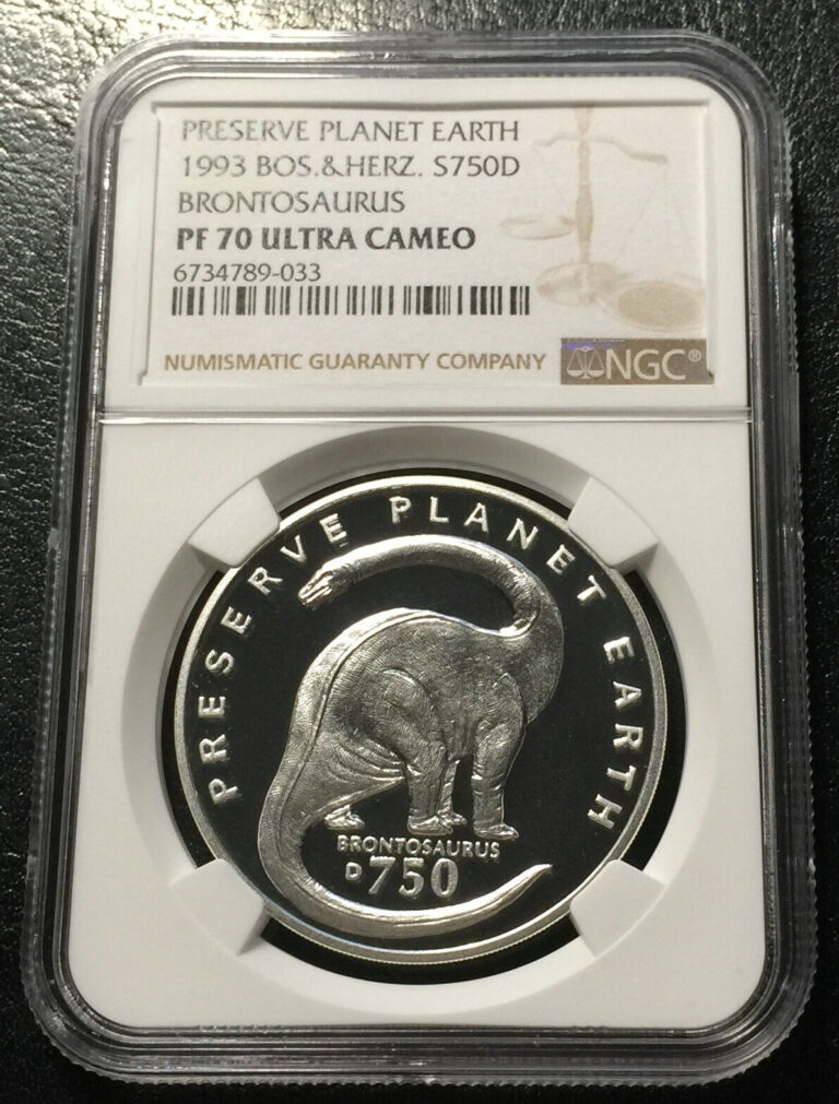 Read more about the article Bosnia and Herzegovina 750 dinar 1993 Silver Proof coin NGC PF70UC Brontosaurus