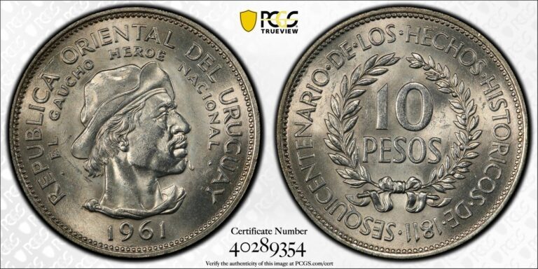 Read more about the article Uruguay 1961 10 Pesos PCGS MS64 Revolution Sesquicentennial PC1083 combine shipp