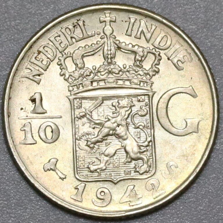 Read more about the article 1942-S Netherlands East Indies 1/10 Gulden Silver Wilhelmina Coin WWII 20081006R