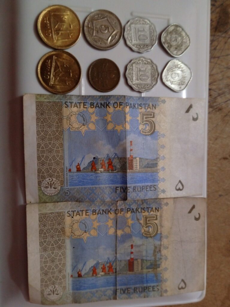 Read more about the article Pakistani 5 paisa 10 paisa 1  5 10 rupee coin  5 Rupee Note Pakistani Currency