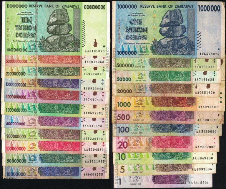 Read more about the article 1 – 10 Trillion Dollars Zimbabwe 2008 22 Banknotes Set – Rare All AA – Authentic