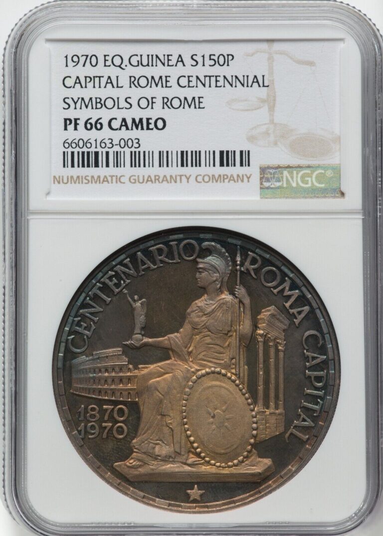 Read more about the article 1970 EQ. Guinea Silver 150P NGC PF66 Cameo  Symbols of Rome  Capital Rome  Rare