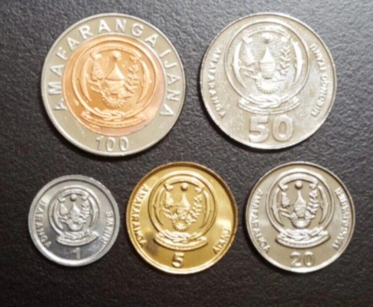 Read more about the article 2003-2011 RWANDA LOT OF 5 UNC COINS SET 1 5 20 50 100 FRANCS