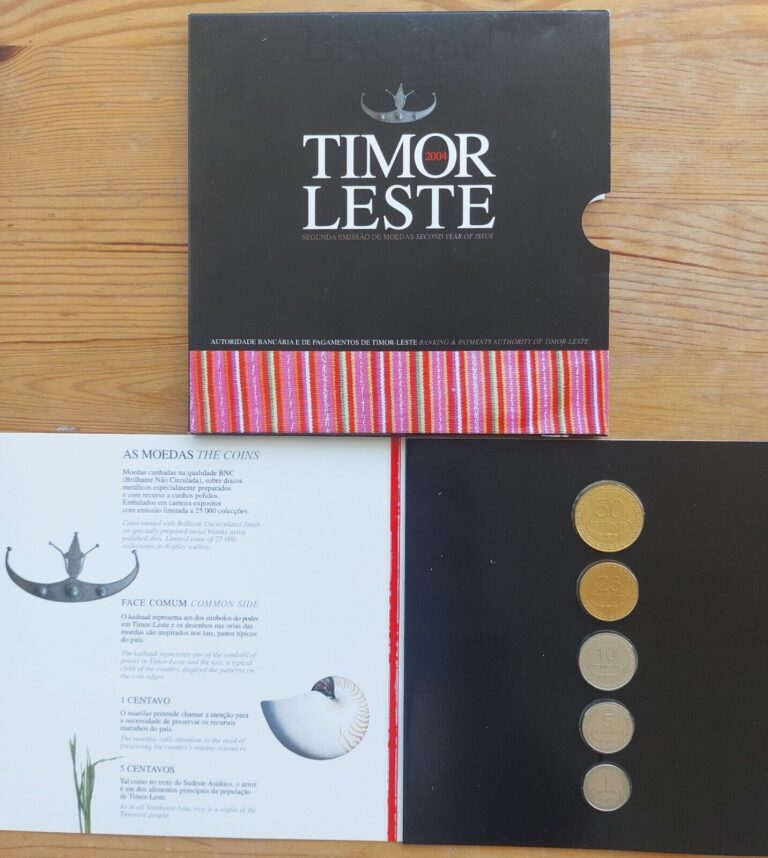 Read more about the article EAST TIMOR 5 DIF UNC COINS FULL SET 1 – 50 CENTAVOS 2004 YEAR BANK MINT PACK