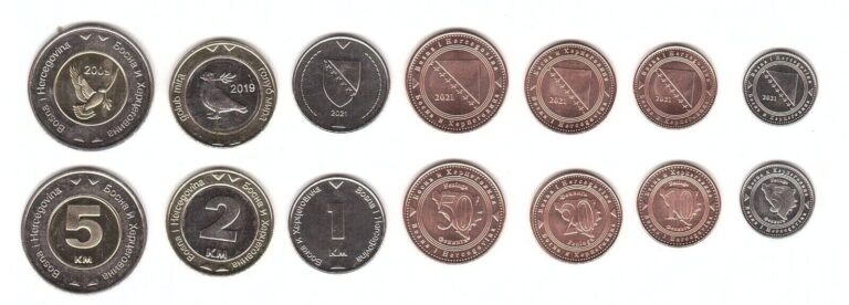 Read more about the article Bosnia Herzegovina 7 PCS Coin SET  UNC  5 10 20 50 Feninga 1 2 5 Marka 2009 2021