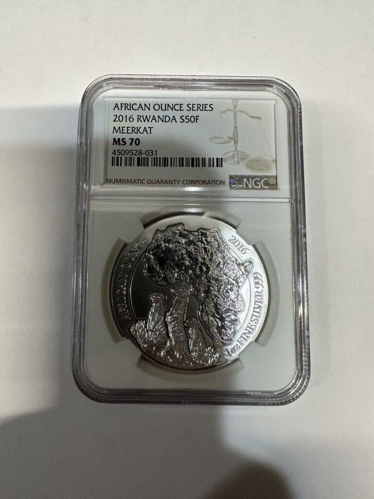 Read more about the article 2016 1 oz Rwandan Meerkat Silver Coin NGC MS70
