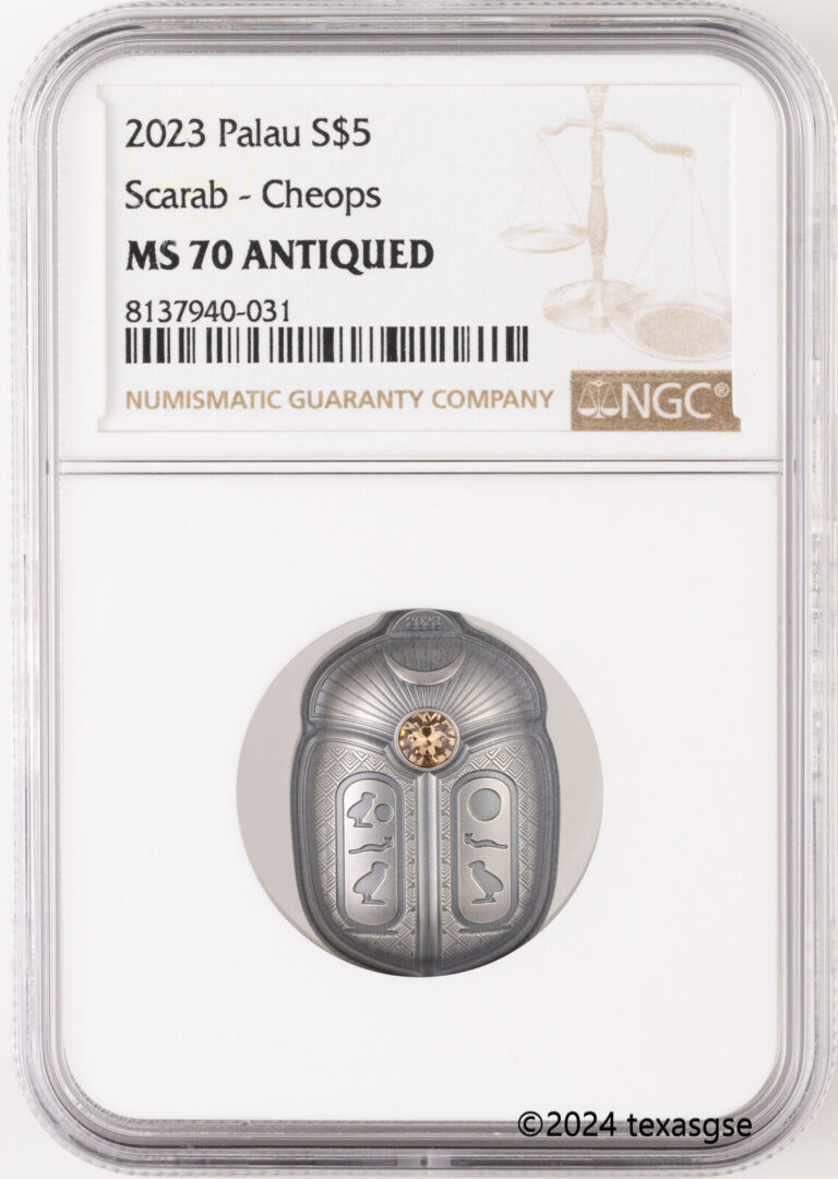 Read more about the article 2023 Palau $5 1oz Antique Silver Scarab – Cheops Coin NGC MS70