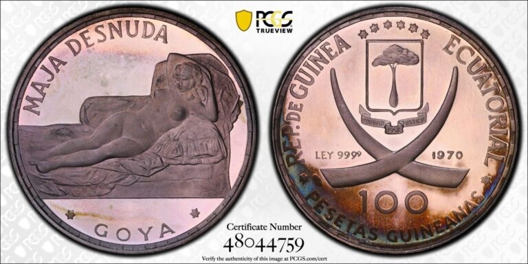 Read more about the article Purple Toned 1970 PR 67 DCAM Equatorial Guinea 100 PTA KM13.5 PCGS Trueview 1523