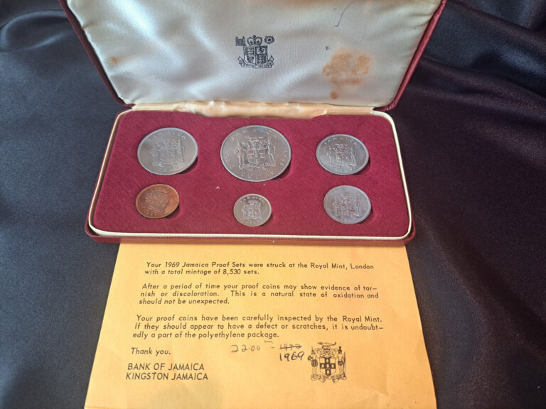 Read more about the article JAMAICA 1969 6-COIN PROOF SET – ROYAL MINT LONDON – 6 COINS IN ORIGINAL CASE