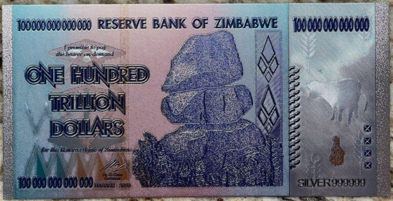 Read more about the article Zimbabwe $100 Trillion Dollars Silver Bill Banknote Money Collection Certificate