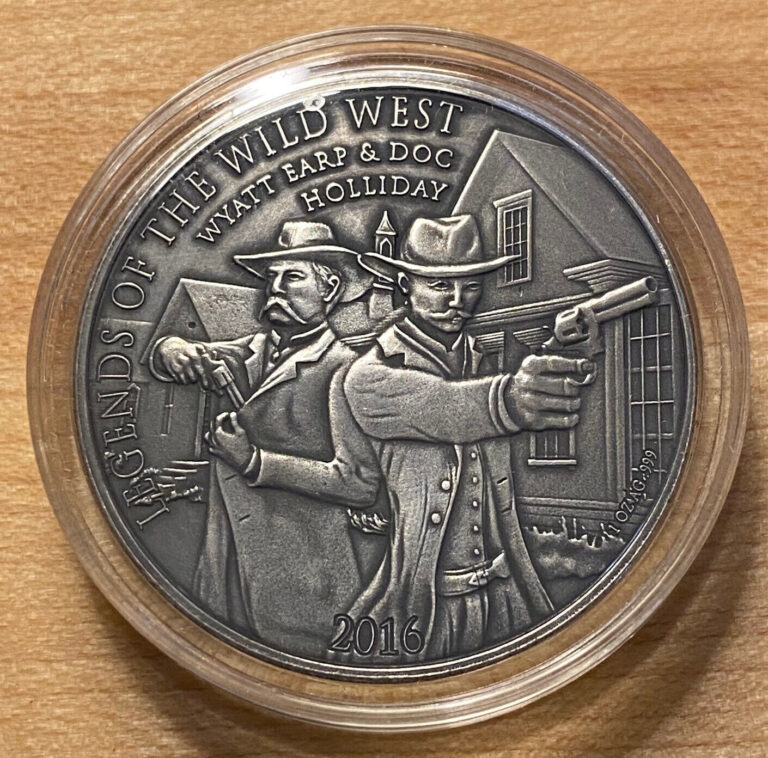 Read more about the article 2016 Burkina Faso 1000 CFA Wyatt Earp and Doc Holliday 1 OZ Silver Antiqued OGP