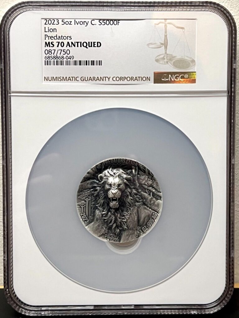 Read more about the article 2023 Ivory Coast 5000 Francs Predators Lion 3 oz .999 Silver Coin – NGC MS 70