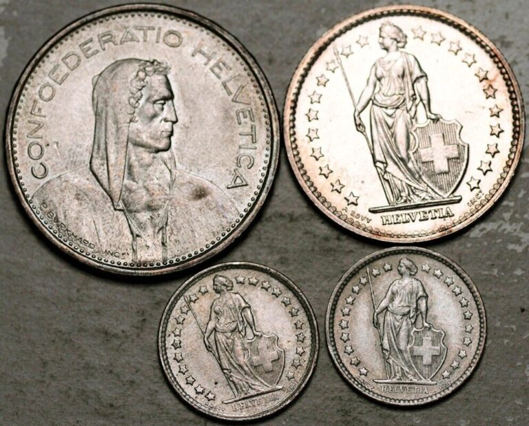 Read more about the article SWITZERLAND LOT OF 4 SILVER COINS 1/2 + 2 + 5 FRANCS 1947 1959 1962 1966 (UNC!)