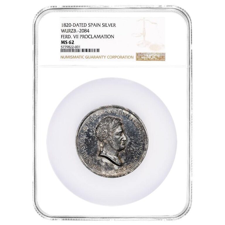 Read more about the article 1820 Spain Ferdinand VII Proclamation Silver Medal NGC MS 62