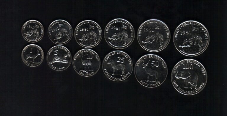 Read more about the article Eritrea 1 5 10 25 50 100 New 1991 Zebra Leopard Elephant UNC 6 COIN Complete Set