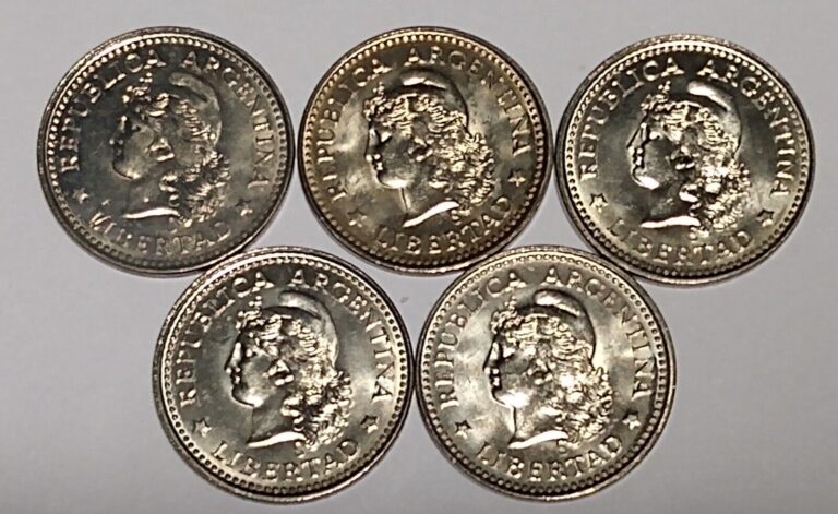 Read more about the article 1958 ARGENTINA 5 CENTAVOS UNC (5 COINS) COPPER NICKEL CLAD STEEL