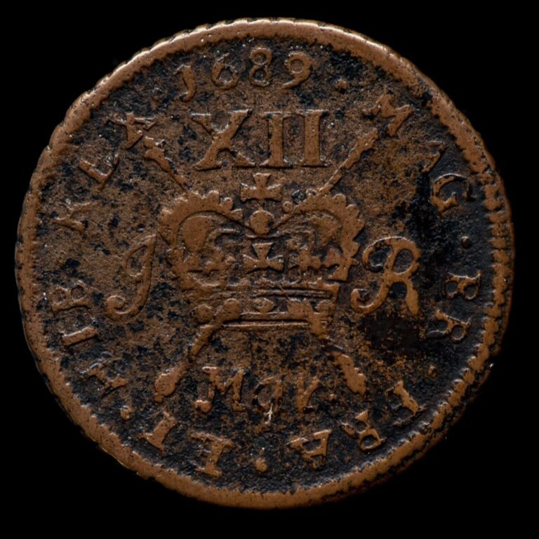 Read more about the article 1689 IRELAND GUN MONEY ✪ MARCH XII ✪ VG DETAILS SHILLING IRISH COIN ◢TRUSTED◣