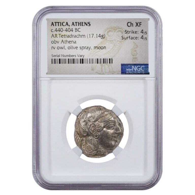 Read more about the article 440 – 404 BC Attica Athens Silver Athena Owl Tetradrachm Coin NGC Ch XF 4/5; 4/5