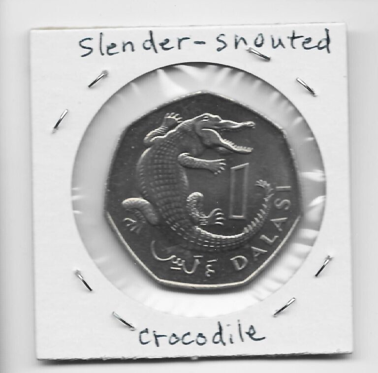 Read more about the article Gambia 1 Dalasi 1987 K29 Slender-snouted Crocodile and President. 7-sided shape.