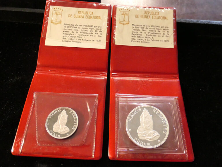 Read more about the article 1970 EQUATORIAL GUINEA Dürer’s Praying Hands Proof Silver 100 and 50 Pt Coins