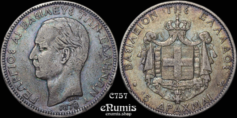 Read more about the article GREECE  George I  5 Drachmai 1876  nicely toned  VF+/aXF